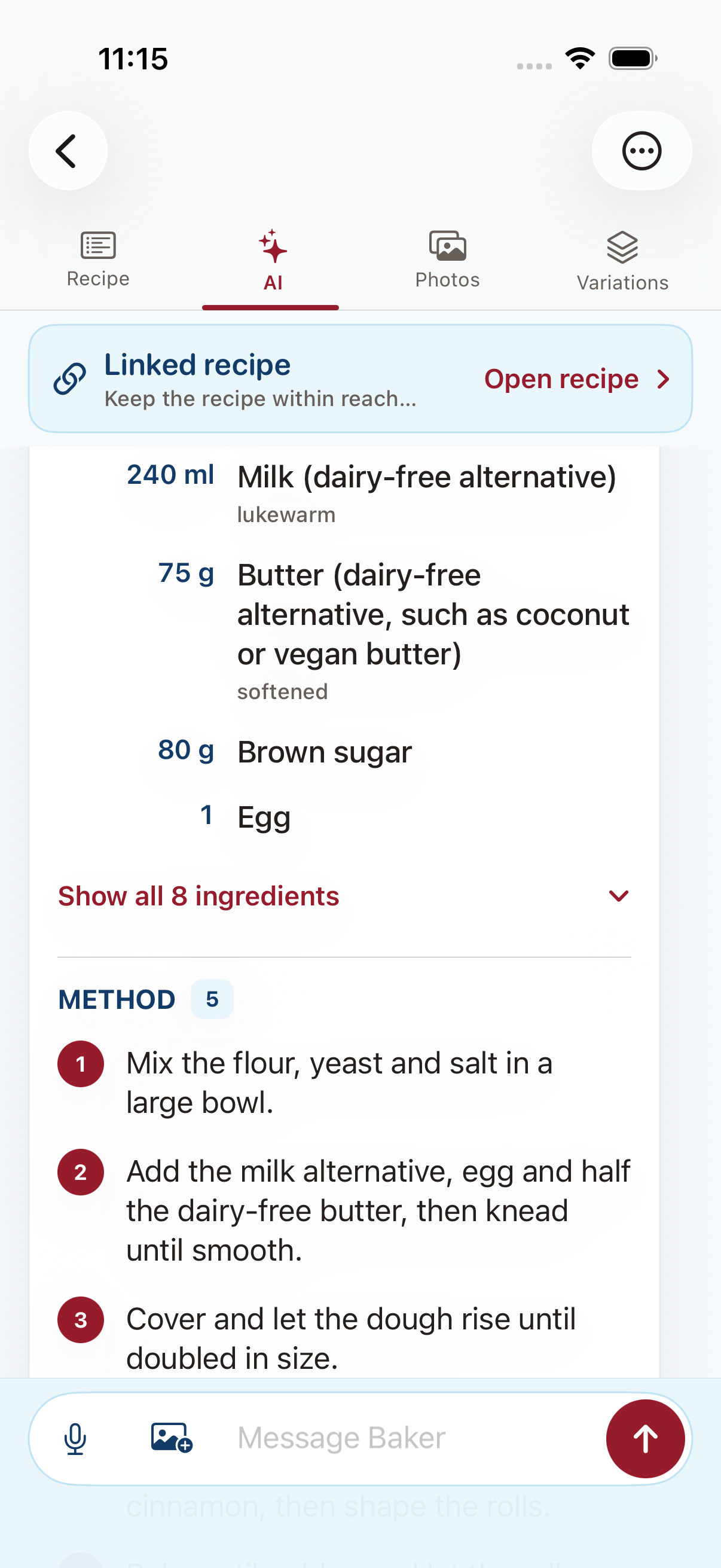 Baker AI showing the updated ingredients and method for a Cinnamon Rolls variation