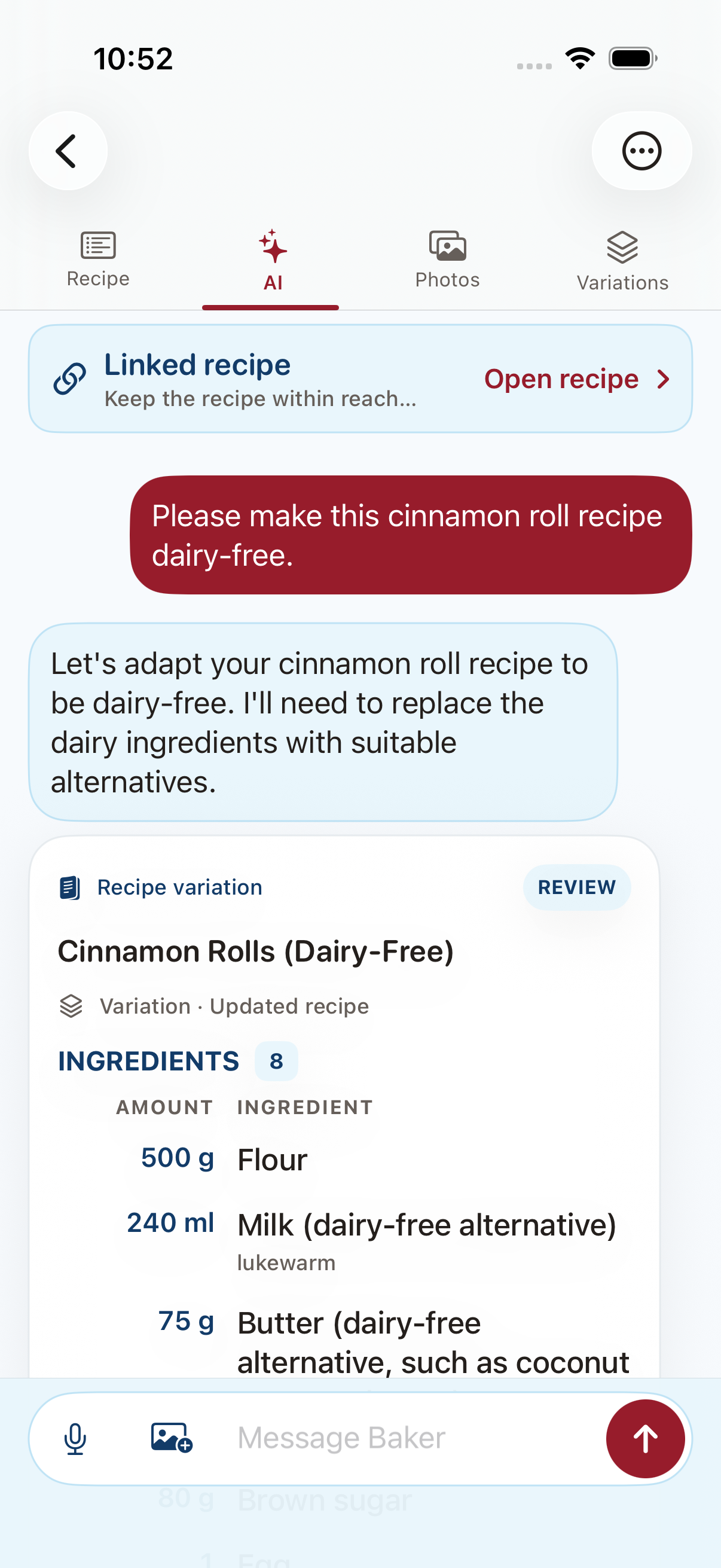Baker AI proposing a dairy-free Cinnamon Rolls variation in the linked recipe chat
