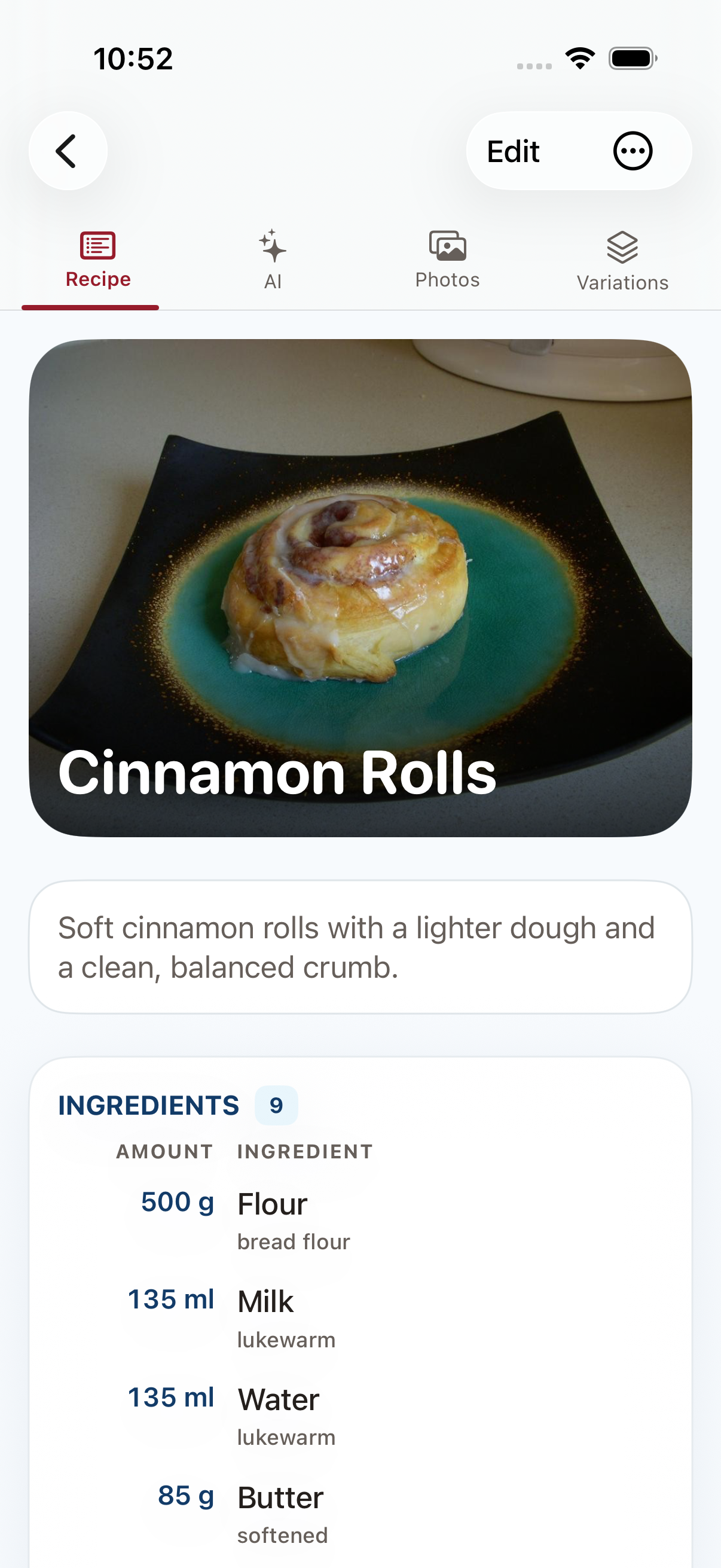 Cinnamon Rolls recipe with its ingredients in Baker on iOS