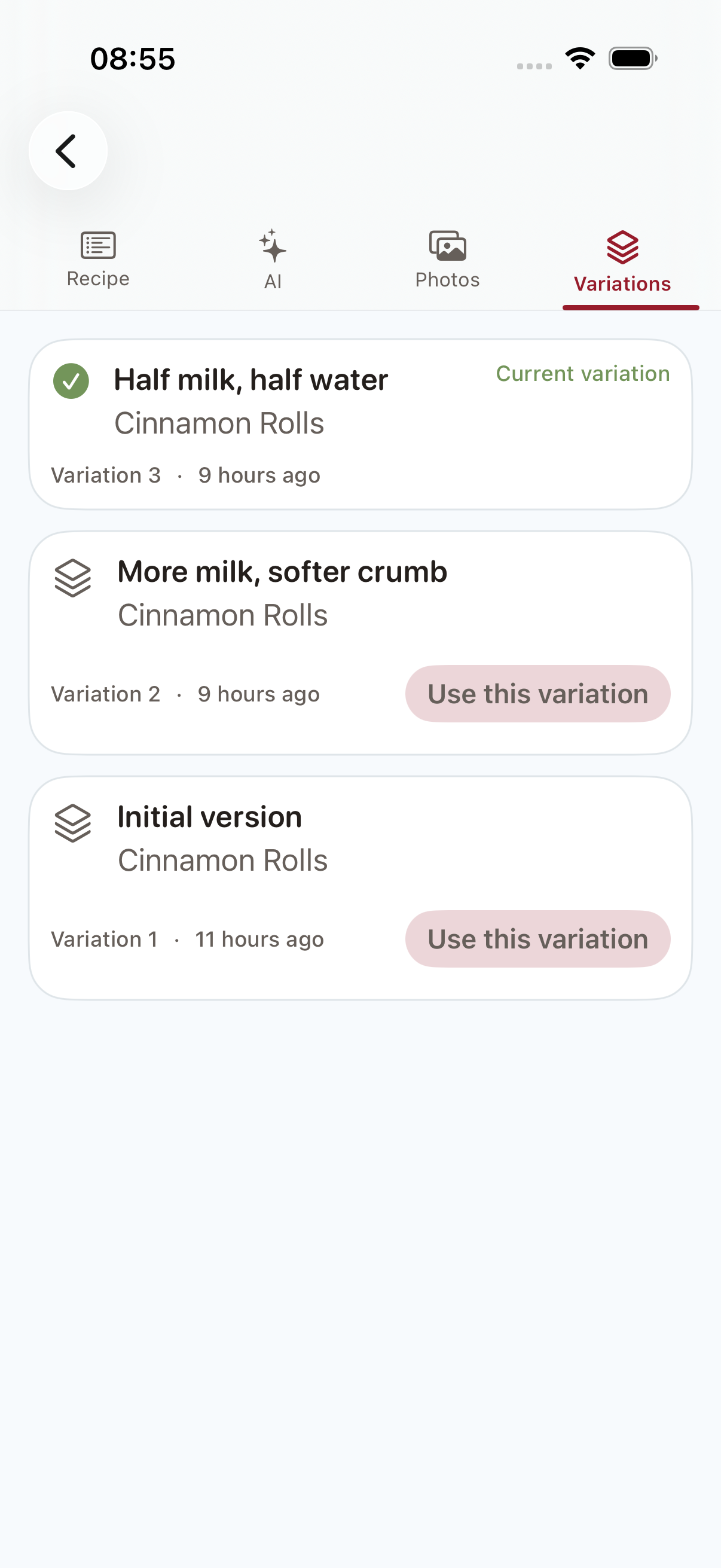 Named Cinnamon Rolls variations saved in Baker